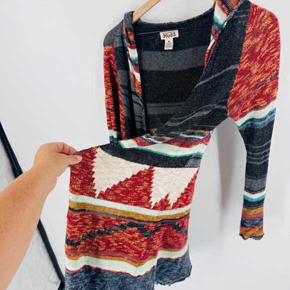 Mudd Womens M Southwest Boho Striped Open Front Hooded Cardigan Sweater Knit - Picture 8 of 9